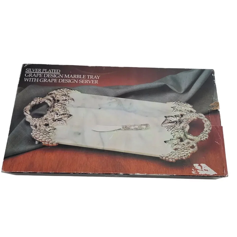 Vintage Godinger Paul Revere Silversmiths Silver Plated Marble Tray Grape Design